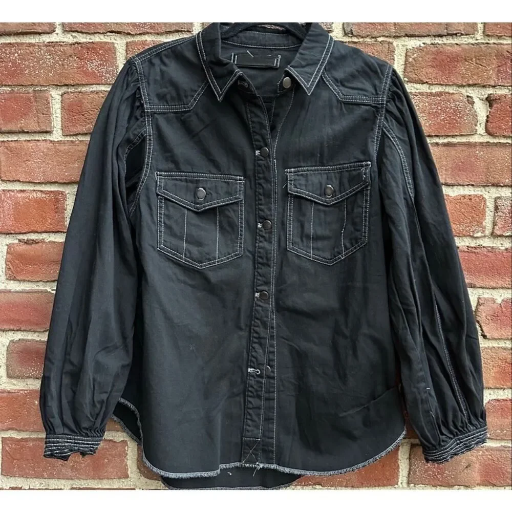 Free People We The Free With Love Denim Overshirt Jacket Black Womens M NEW